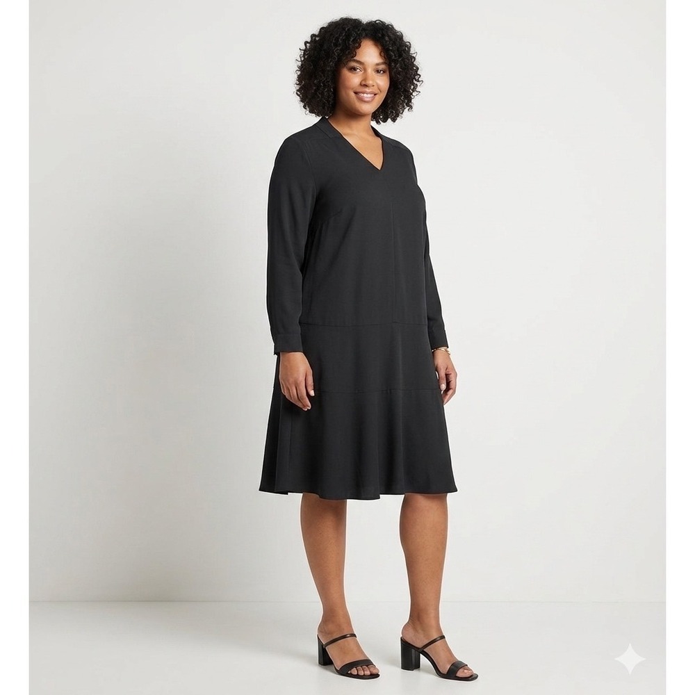 MM.LaFleur Shift Dress Womens +1 / 1X Black Long Sleeve Tiered V-Neck Business